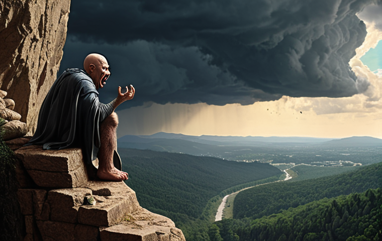 Emotional Investing Trap**
A person stands on the edge of a cliff overlooking a stormy financial market. One shoulder is weighed down by a demonic figure representing "Fear," clutching desperately. The other shoulder has a greedy goblin labeled "Greed," also pulling hard. In the distance, a calm, rational investor sits peacefully, analyzing charts on a laptop under a clear sky. The overall scene is dramatic and slightly surreal, illustrating the internal battle of emotions vs. logic. Use a style reminiscent of a Renaissance painting, but with modern financial elements.
**