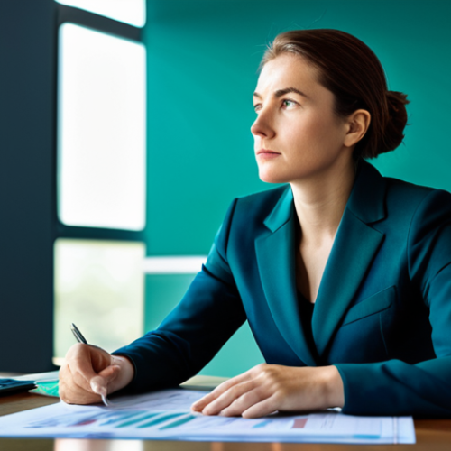 Home 6 A professional, poised businesswoman in a modest, dark blue business suit, seated thoughtfully at a polished desk in a sunlit, contemporary office. She is looking intently at a financial report, her expression one of calm deliberation. Behind her, a blurred, abstract representation subtly shifts between tranquil blue hues, representing rationality, and dynamic, turbulent red and green patterns, symbolizing market emotions. The scene captures the essence of thoughtful financial decision-making, emphasizing internal resilience. Fully clothed, appropriate attire, professional dress, safe for work, perfect anatomy, correct proportions, natural pose, well-formed hands, proper finger count, natural body proportions, professional photography, high quality, family-friendly content.