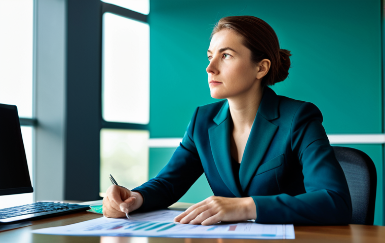 A professional, poised businesswoman in a modest, dark blue business suit, seated thoughtfully at a polished desk in a sunlit, contemporary office. She is looking intently at a financial report, her expression one of calm deliberation. Behind her, a blurred, abstract representation subtly shifts between tranquil blue hues, representing rationality, and dynamic, turbulent red and green patterns, symbolizing market emotions. The scene captures the essence of thoughtful financial decision-making, emphasizing internal resilience. Fully clothed, appropriate attire, professional dress, safe for work, perfect anatomy, correct proportions, natural pose, well-formed hands, proper finger count, natural body proportions, professional photography, high quality, family-friendly content.