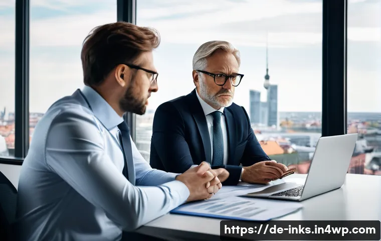 감정적 투자 오류에 대한 법적 고려사항 - A professional financial advisor and a middle-aged German investor sitting at a modern office desk, ...