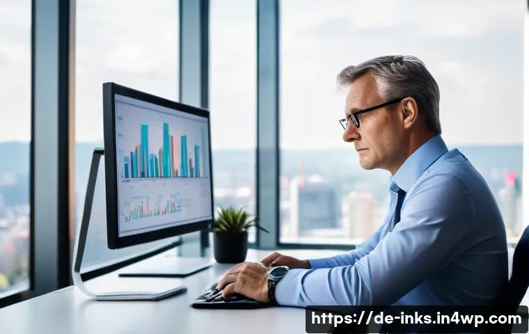 감정적 투자 오류의 사례와 교훈 - A professional middle-aged German investor sitting calmly at a modern desk in a sleek office overloo...