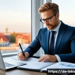 Home 18 감정적 투자 방지 전략 - A modern home office scene featuring a professional German investor in his 40s thoughtfully writing ...
