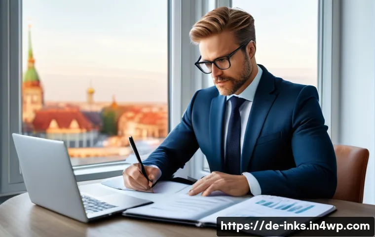 감정적 투자 방지 전략 - A modern home office scene featuring a professional German investor in his 40s thoughtfully writing ...