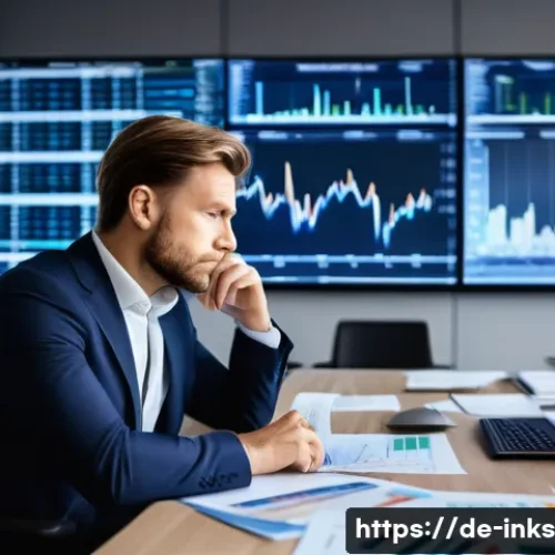 Home 17 감정적 투자 오류 해결을 위한 행동 경제학 - A detailed scene of a professional German investor sitting at a modern desk in a bright office overl...