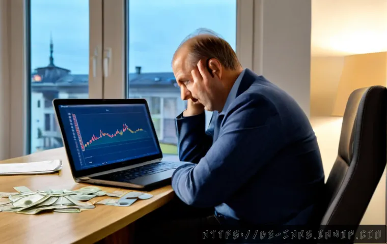 Home 17 감정적 투자 오류의 심리적 배경 - Photorealistic middle-aged German investor sitting alone at a tidy home office desk in Berlin, anxio...